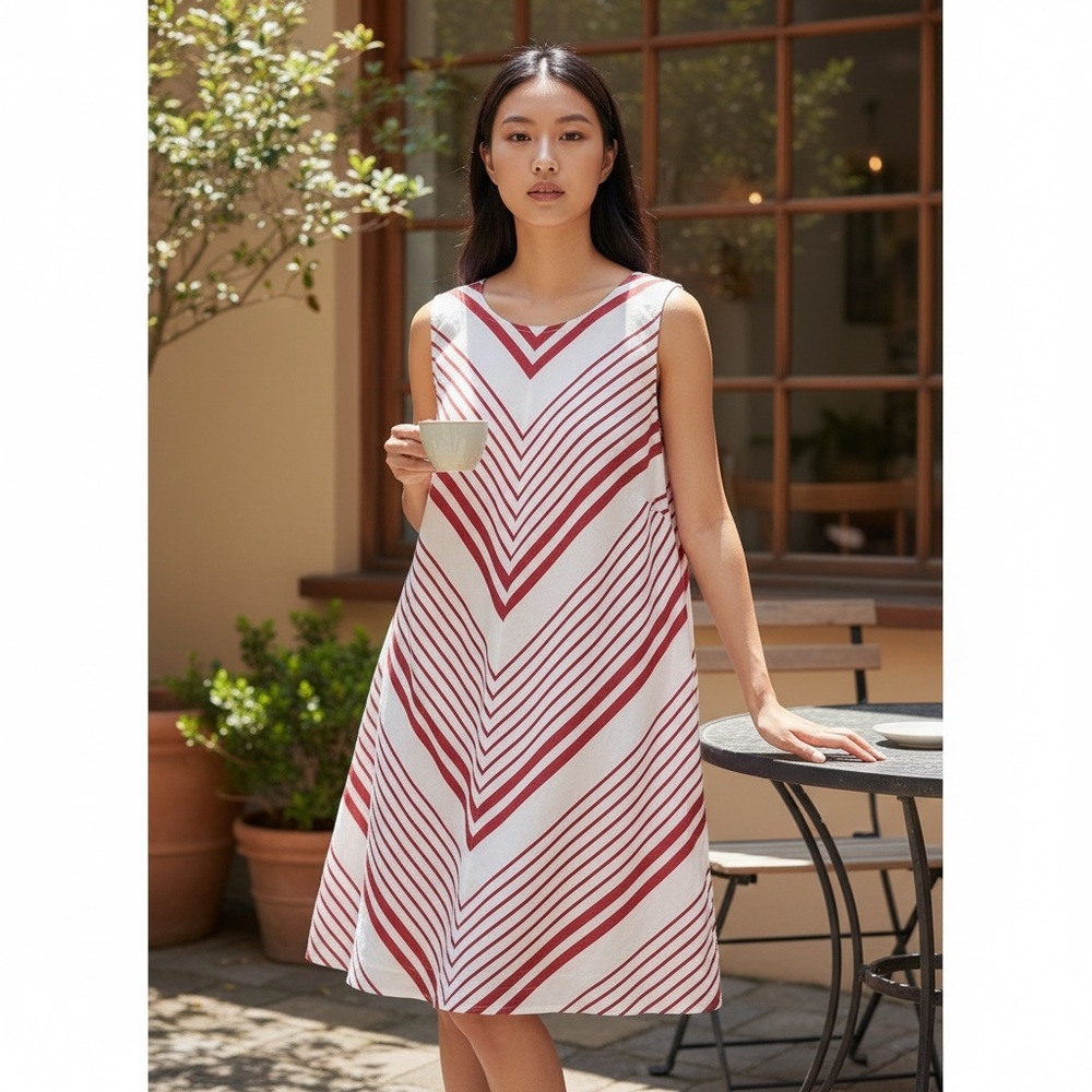 Liz Claiborne Red & White Striped A-Line Sleeveless Dress 1X Linen Blend - Picture 2 of 8